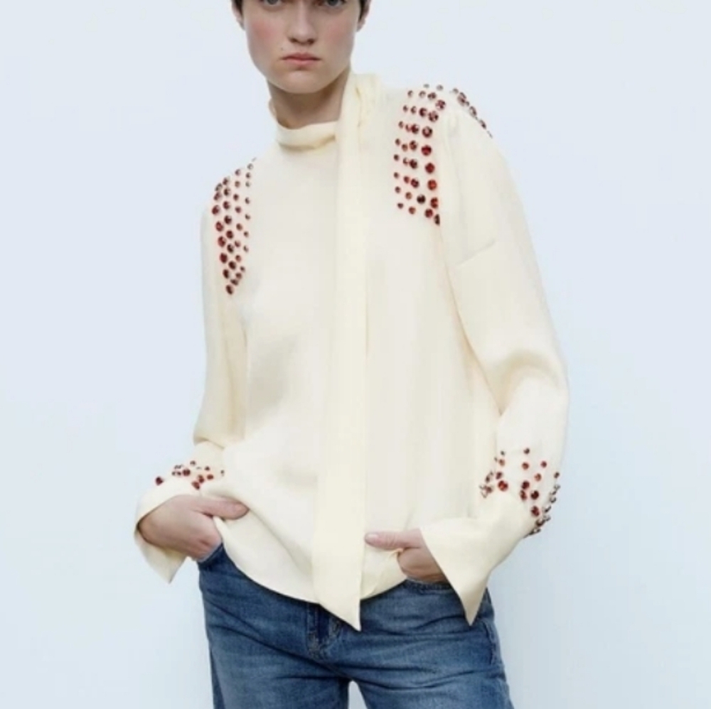 Zara Limited Edition lvory & Red Crystal Blouse